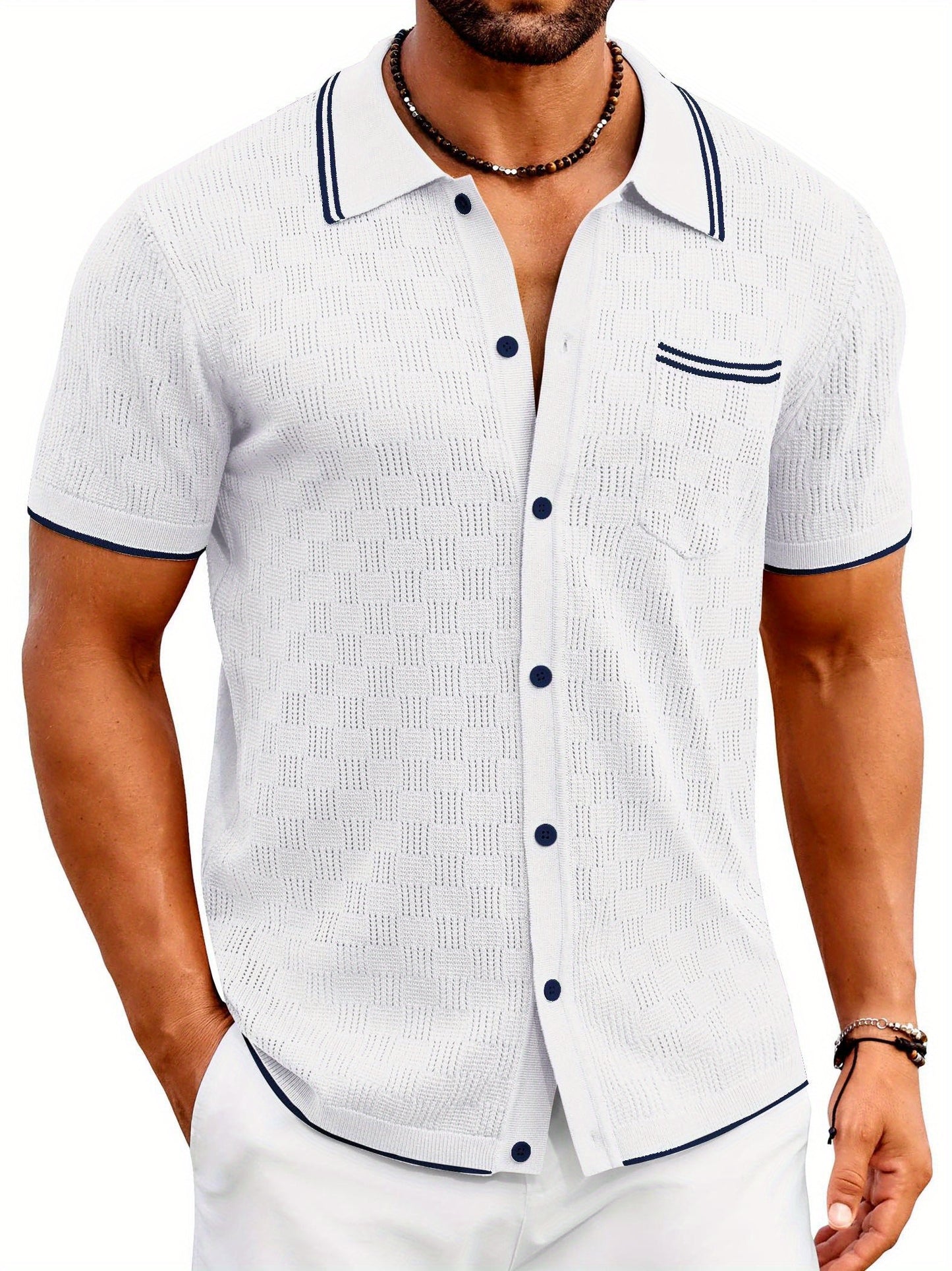 ELESOL Men'S Knit Button Shirt Vintage Polo Shirts Short Sleeve Summer Beach Shirts S-XXXL