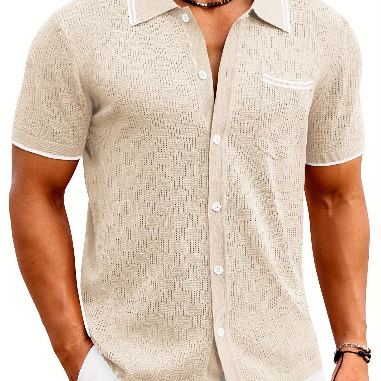 ELESOL Men'S Knit Button Shirt Vintage Polo Shirts Short Sleeve Summer Beach Shirts S-XXXL
