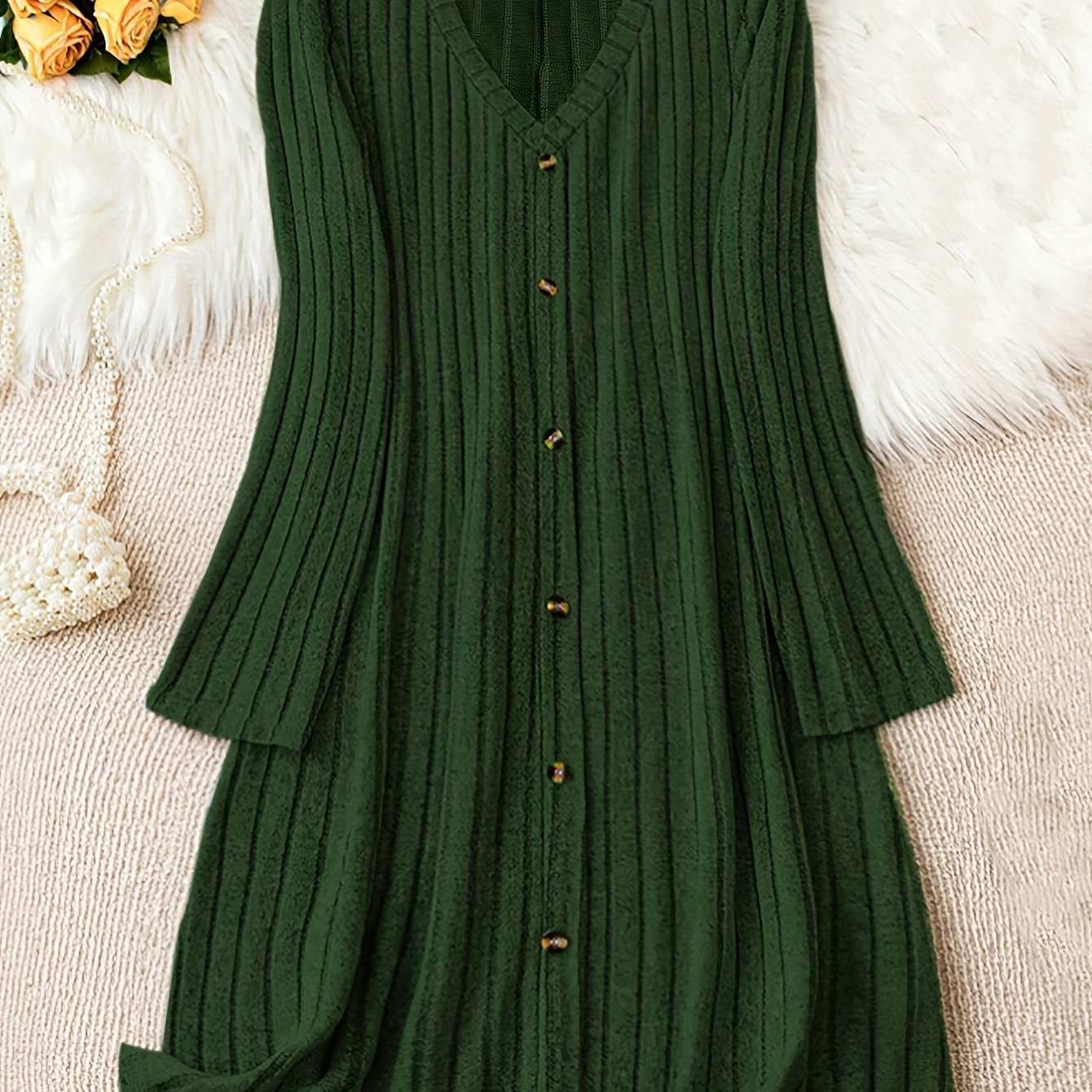 Plus Size Solid V Neck Ribbed Long Sleeve Dress, Casual Button Front For Fall & Winter, Women's Clothing