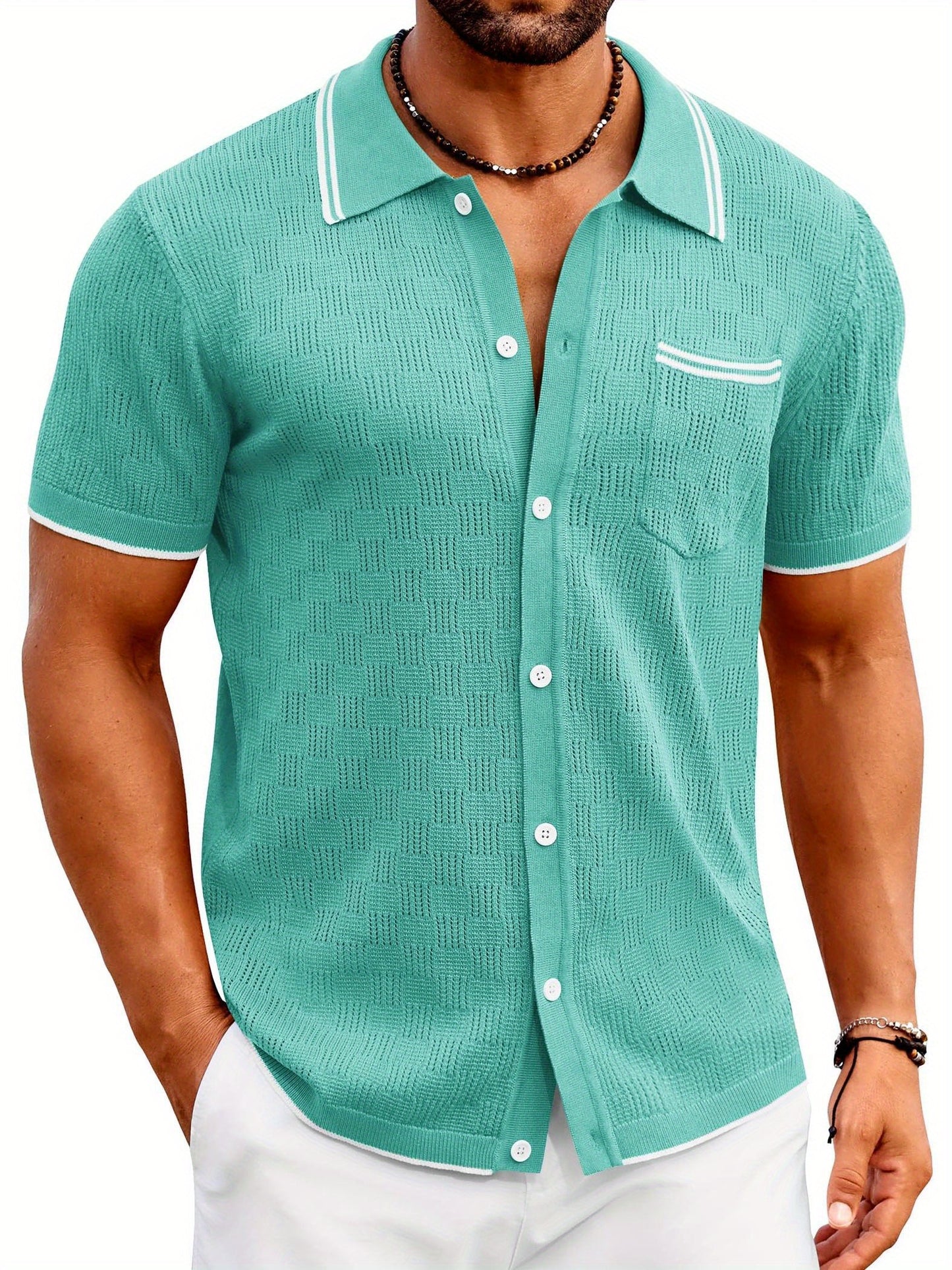 ELESOL Men'S Knit Button Shirt Vintage Polo Shirts Short Sleeve Summer Beach Shirts S-XXXL