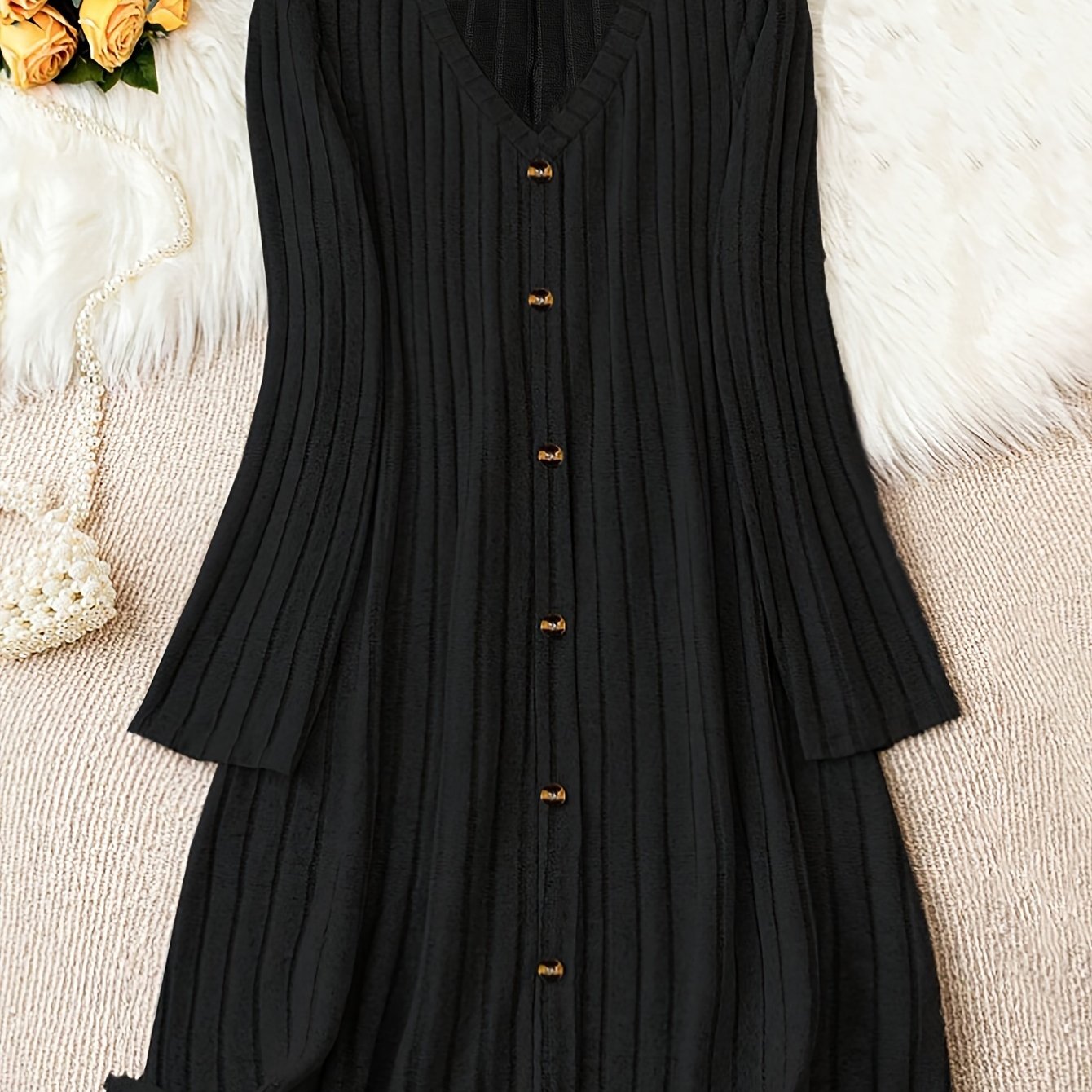 Plus Size Solid V Neck Ribbed Long Sleeve Dress, Casual Button Front For Fall & Winter, Women's Clothing