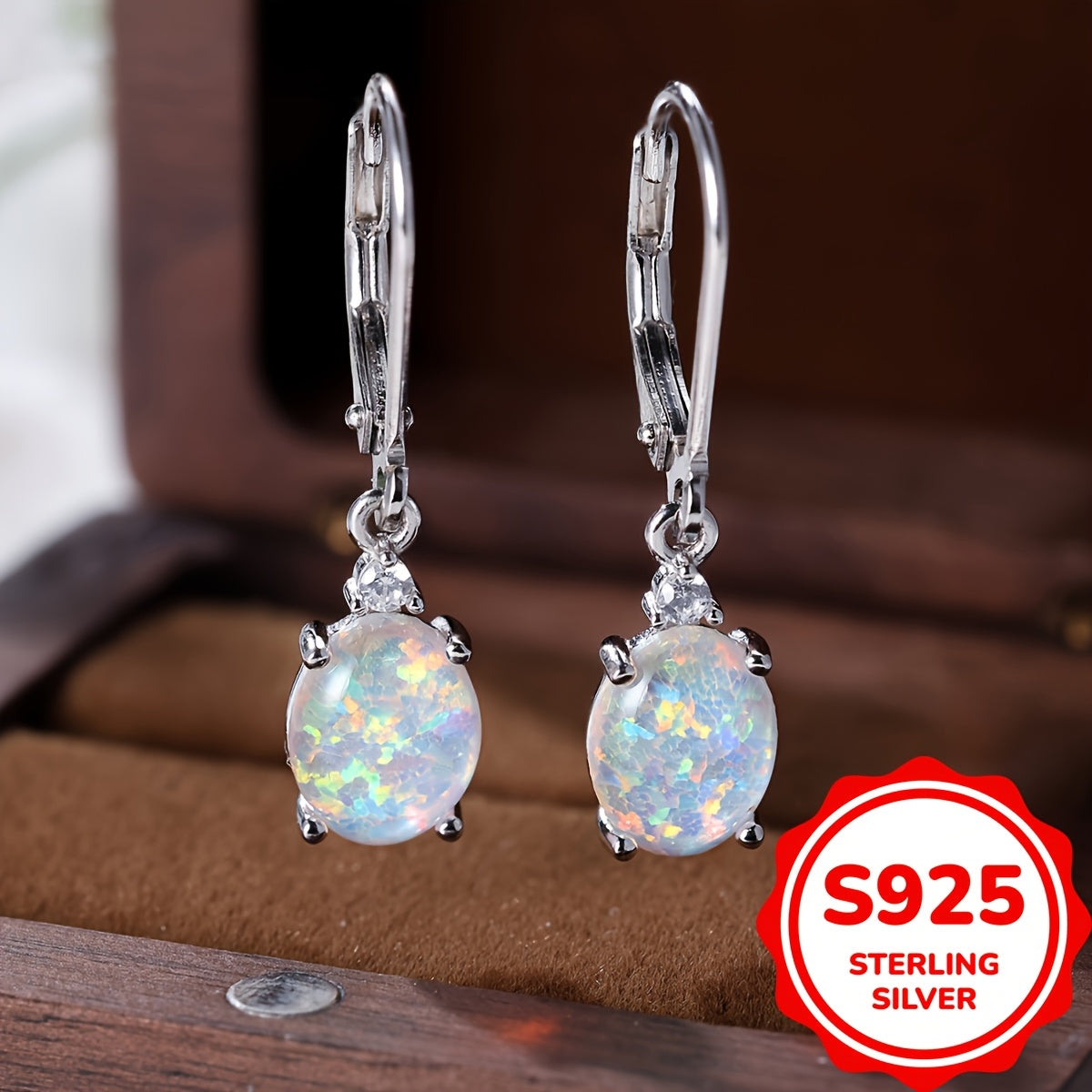 S925 Round-Cut Opal , Green Fire Opal Rhodium Gemstone Drop Earrings 2.2g