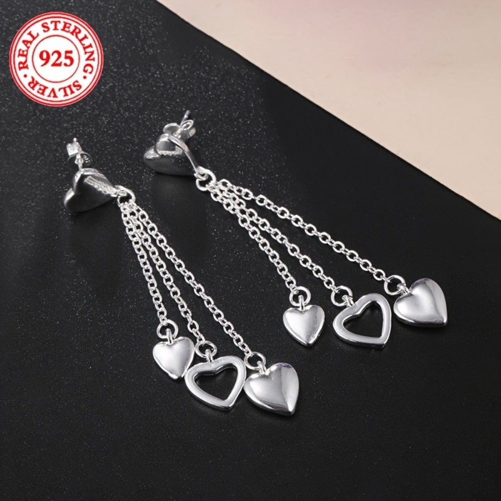 Elegant 925 Sterling Silver Tassel Heart Dangle Earrings