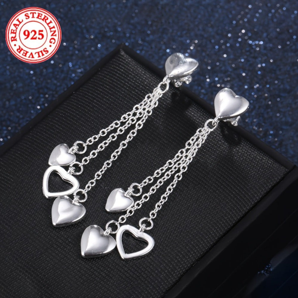 Elegant 925 Sterling Silver Tassel Heart Dangle Earrings