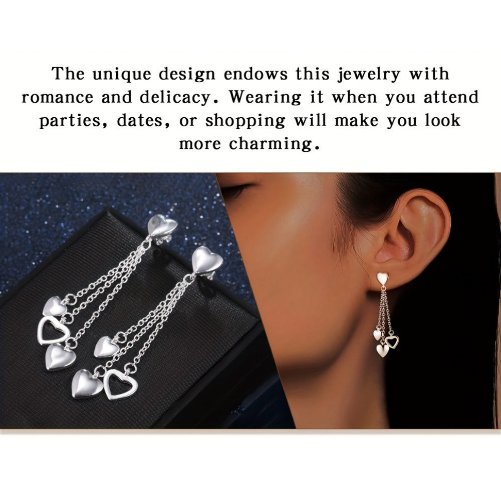 Elegant 925 Sterling Silver Tassel Heart Dangle Earrings