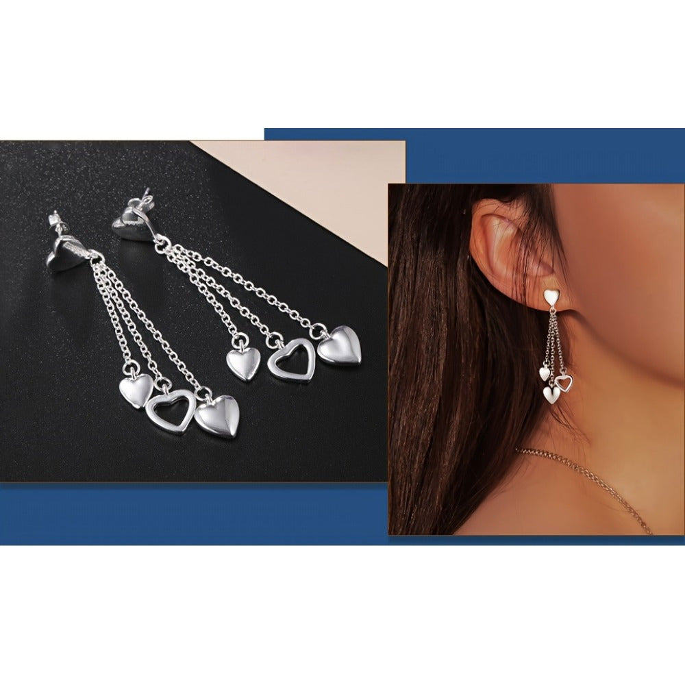 Elegant 925 Sterling Silver Tassel Heart Dangle Earrings