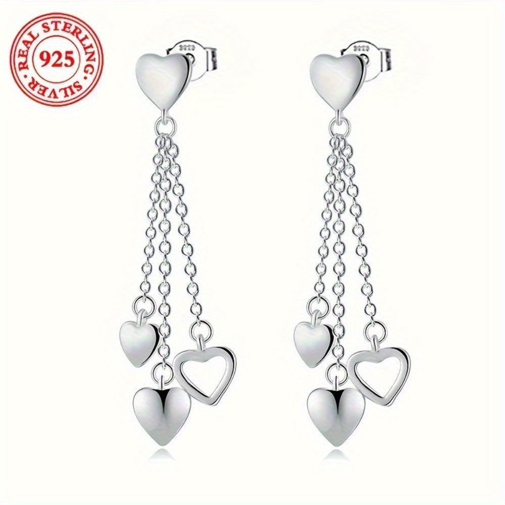 Elegant 925 Sterling Silver Tassel Heart Dangle Earrings