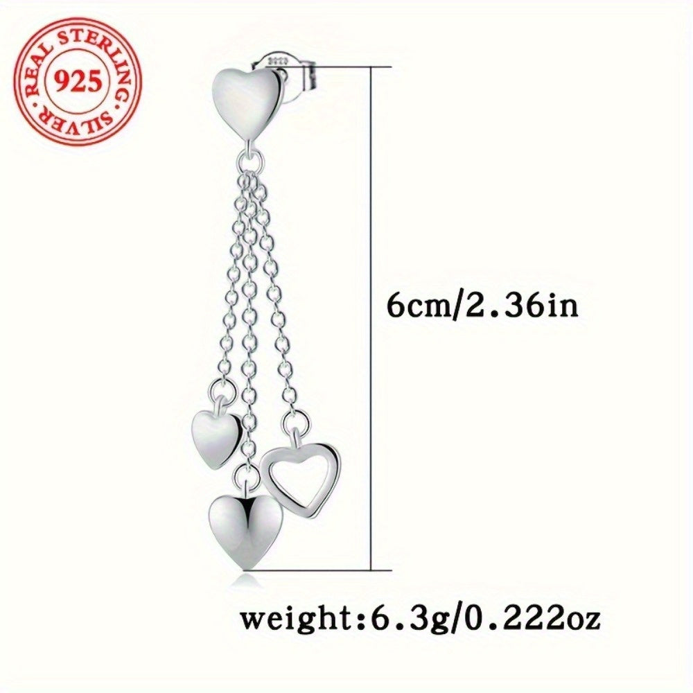 Elegant 925 Sterling Silver Tassel Heart Dangle Earrings