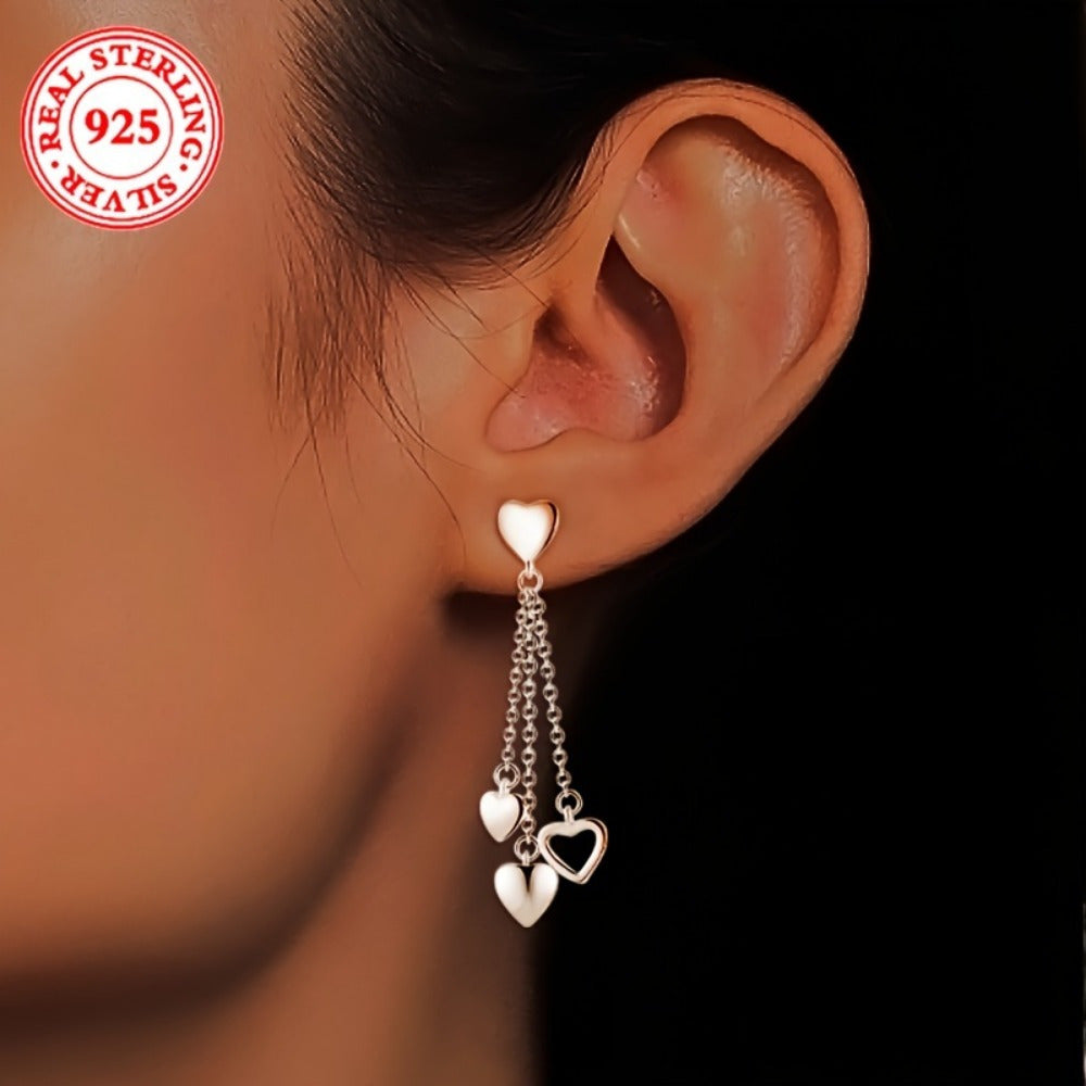 Elegant 925 Sterling Silver Tassel Heart Dangle Earrings