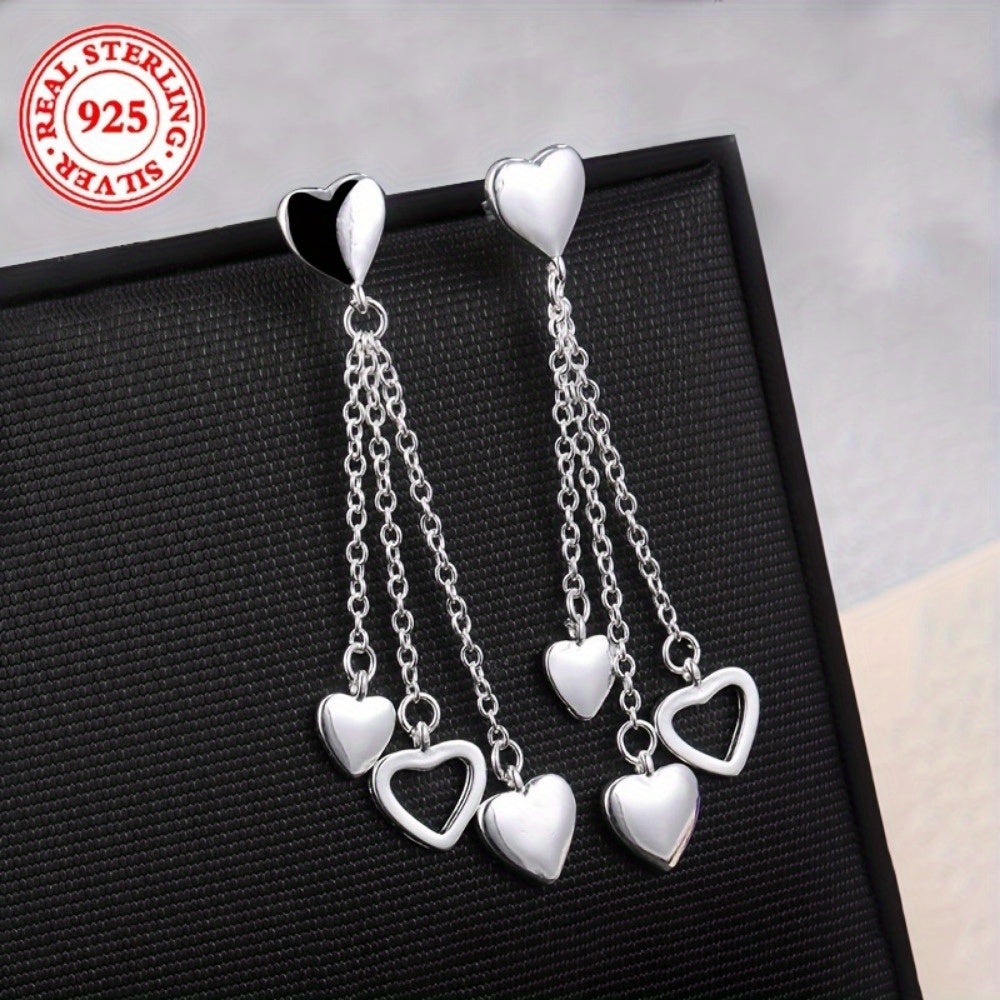Elegant 925 Sterling Silver Tassel Heart Dangle Earrings