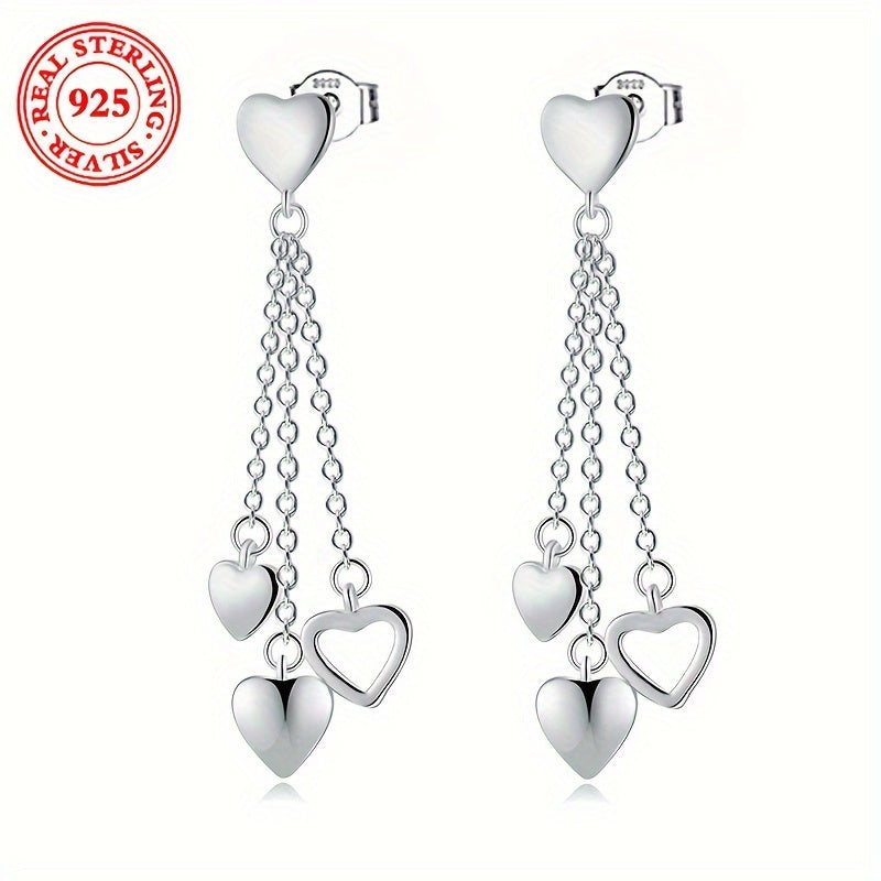 Elegant 925 Sterling Silver Tassel Heart Dangle Earrings