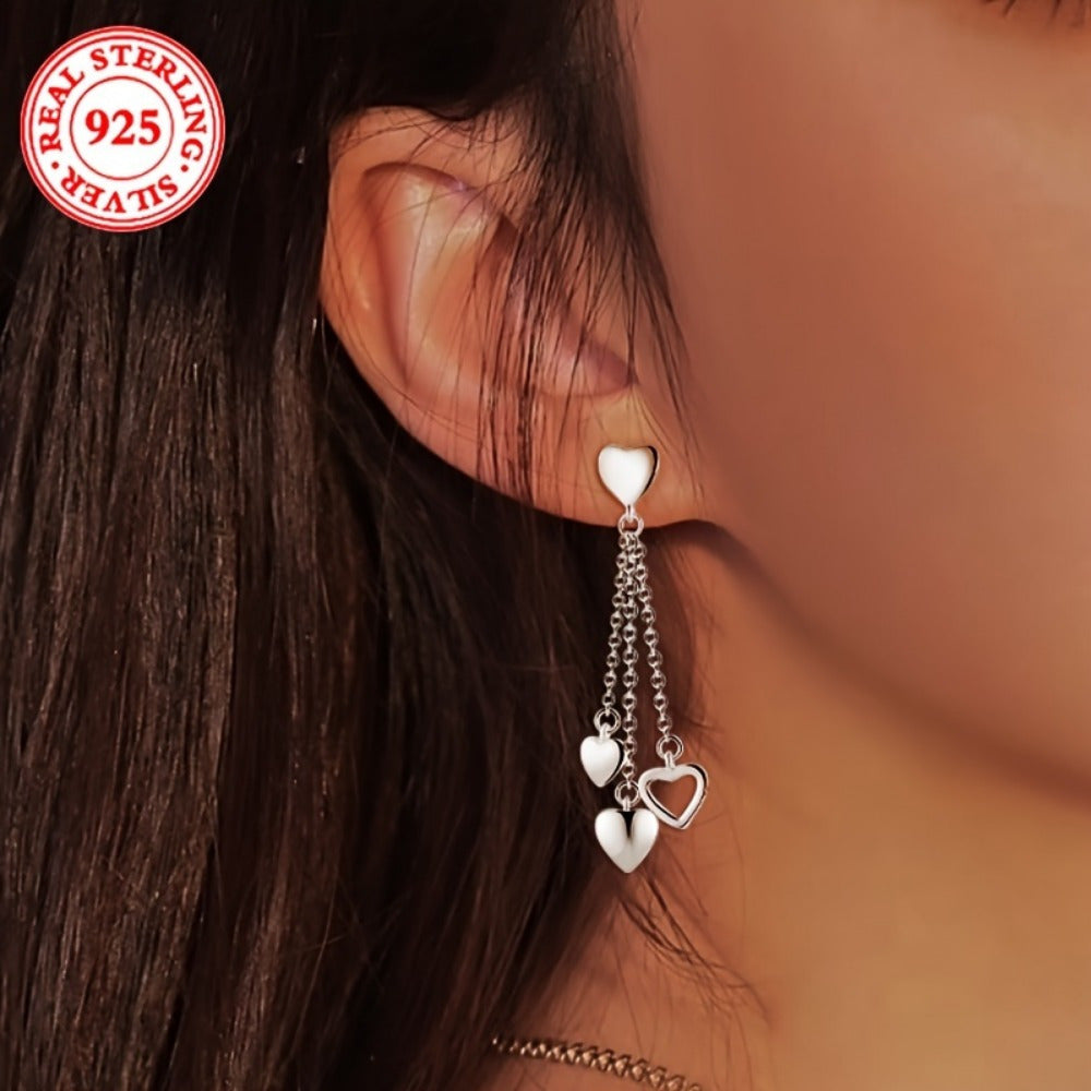 Elegant 925 Sterling Silver Tassel Heart Dangle Earrings