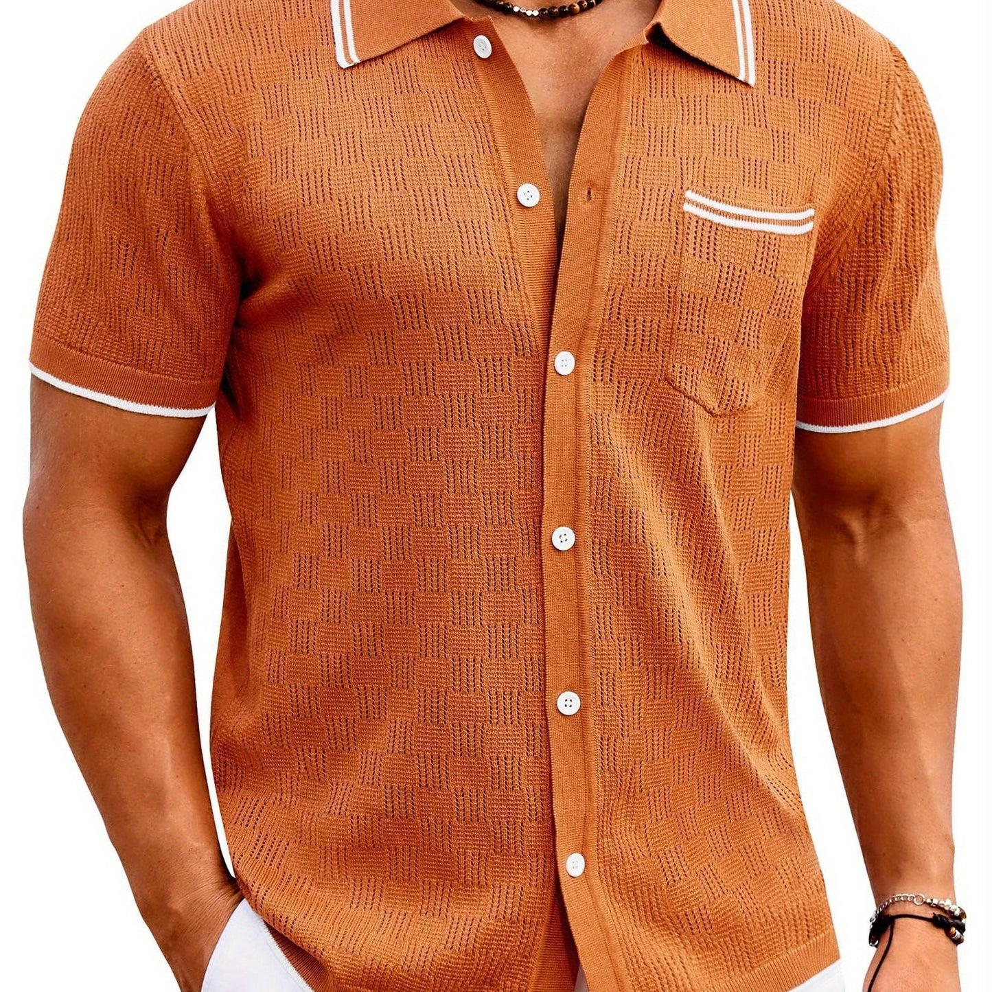 ELESOL Men'S Knit Button Shirt Vintage Polo Shirts Short Sleeve Summer Beach Shirts S-XXXL