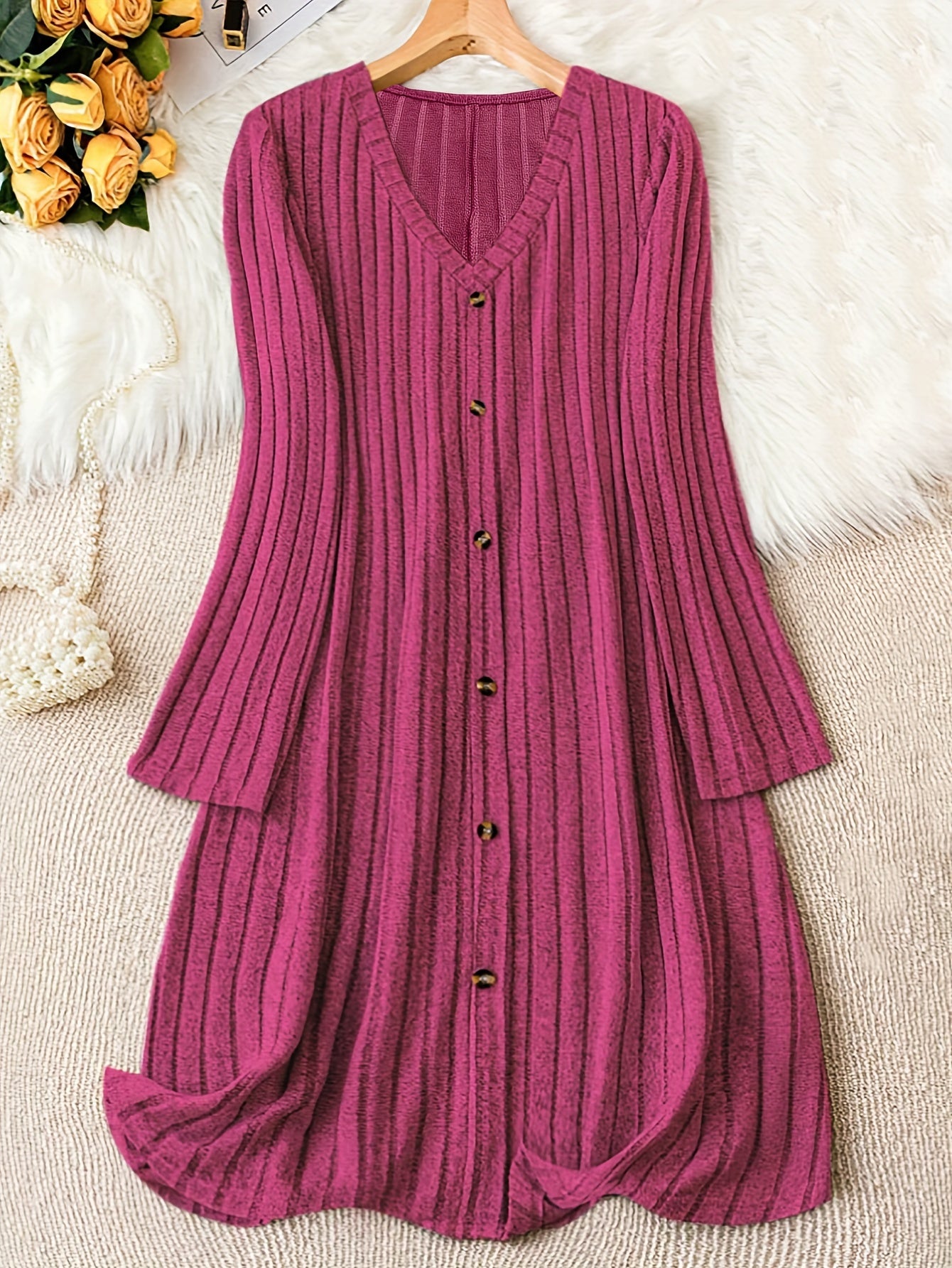 Plus Size Solid V Neck Ribbed Long Sleeve Dress, Casual Button Front For Fall & Winter, Women's Clothing