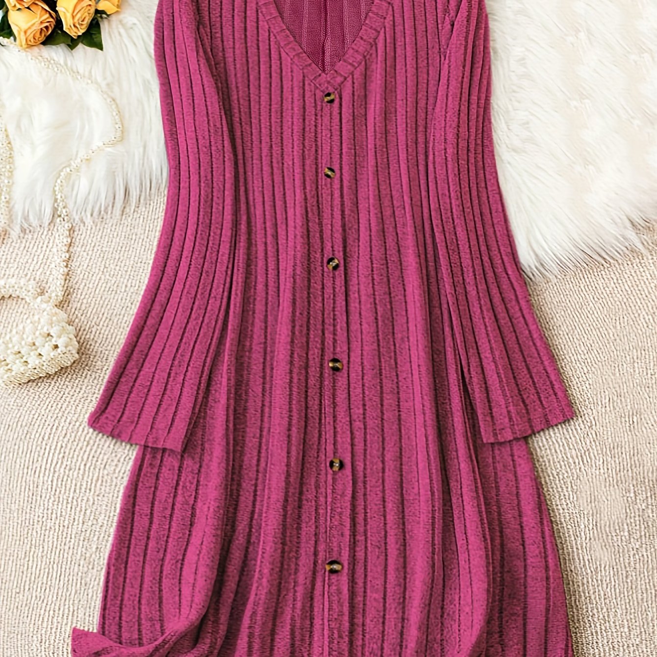 Plus Size Solid V Neck Ribbed Long Sleeve Dress, Casual Button Front For Fall & Winter, Women's Clothing