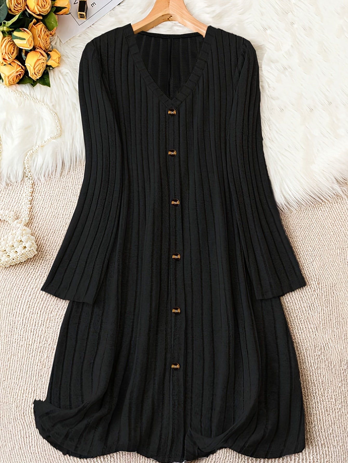 Plus Size Solid V Neck Ribbed Long Sleeve Dress, Casual Button Front For Fall & Winter, Women's Clothing