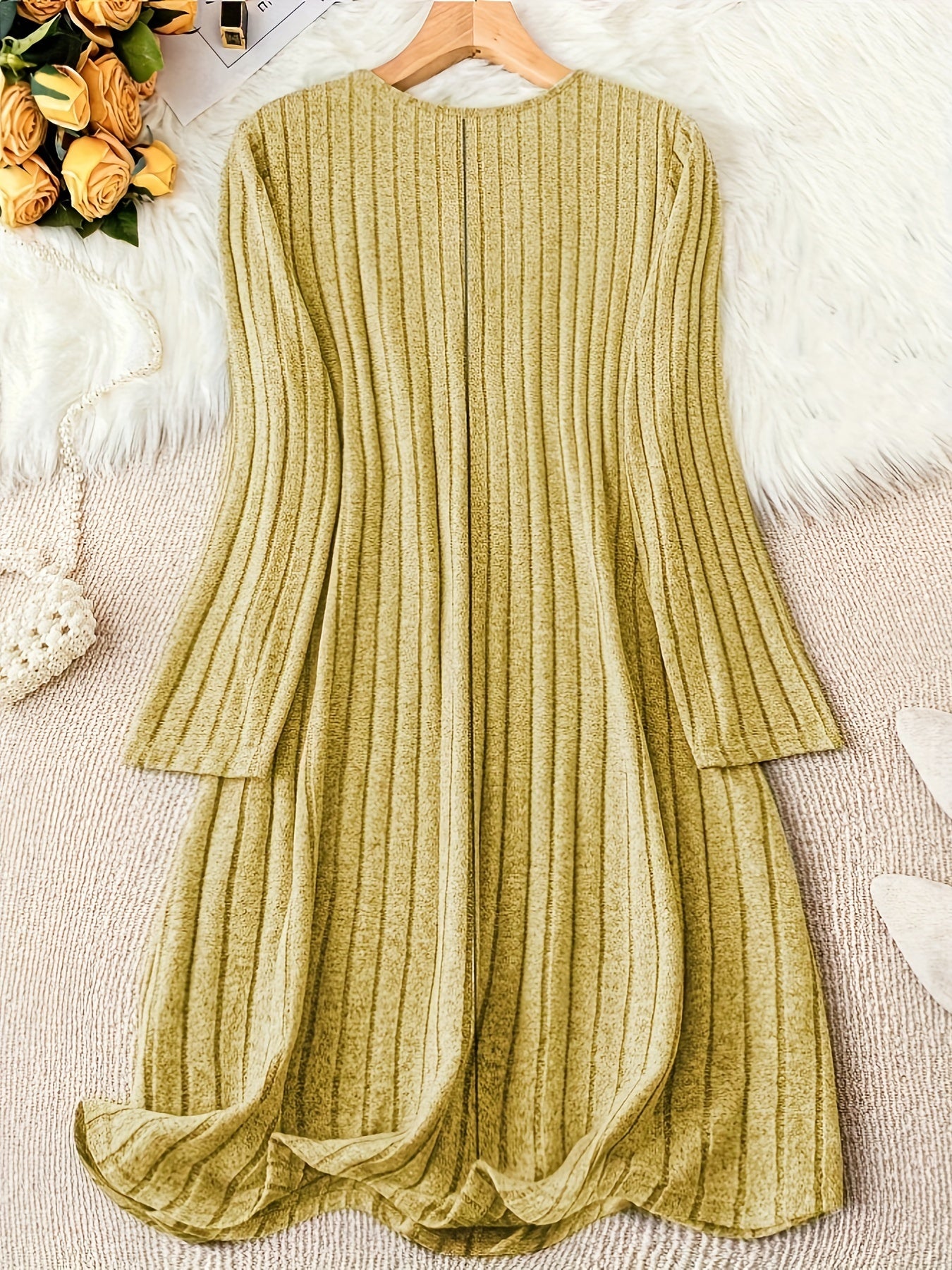 Plus Size Solid V Neck Ribbed Long Sleeve Dress, Casual Button Front For Fall & Winter, Women's Clothing