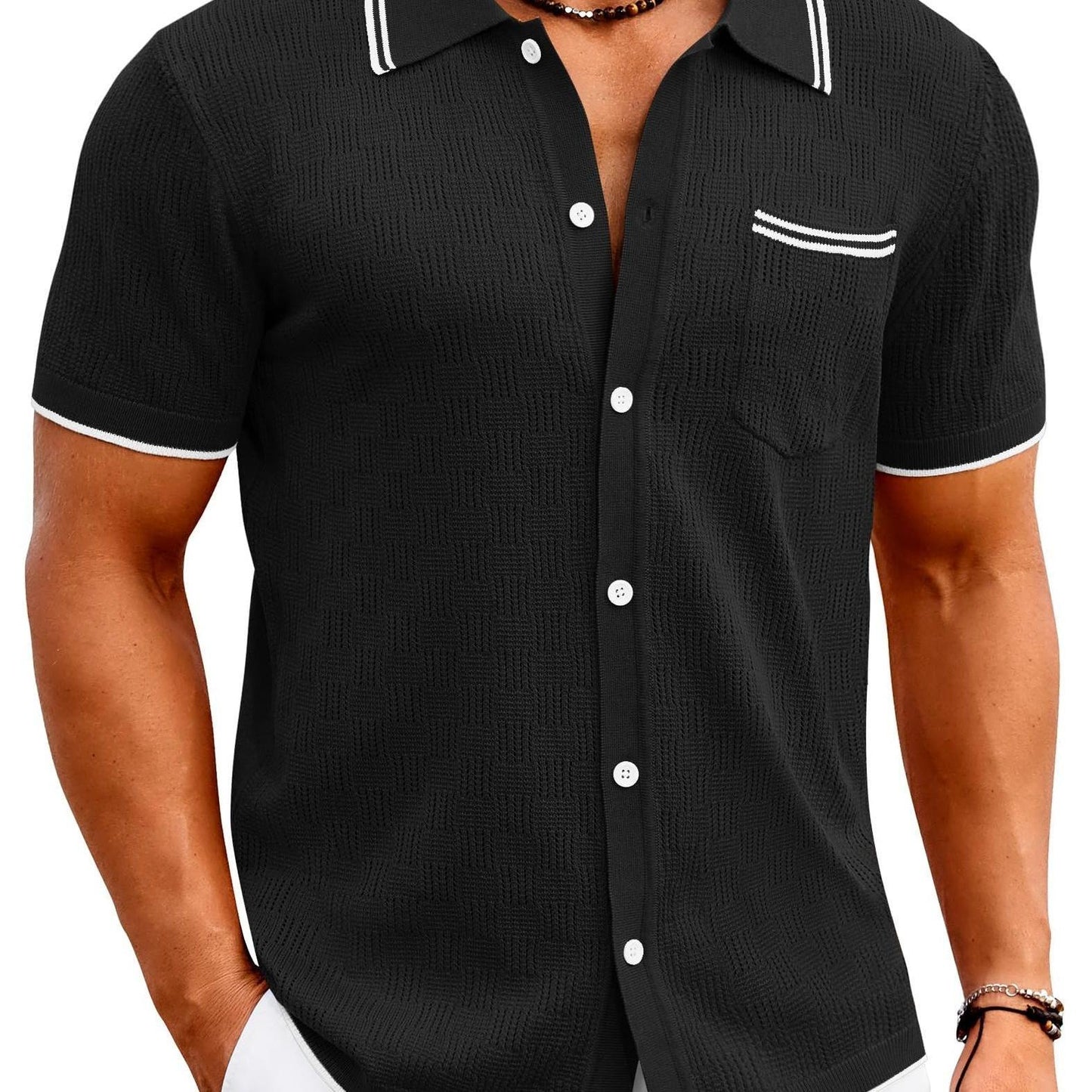 ELESOL Men'S Knit Button Shirt Vintage Polo Shirts Short Sleeve Summer Beach Shirts S-XXXL