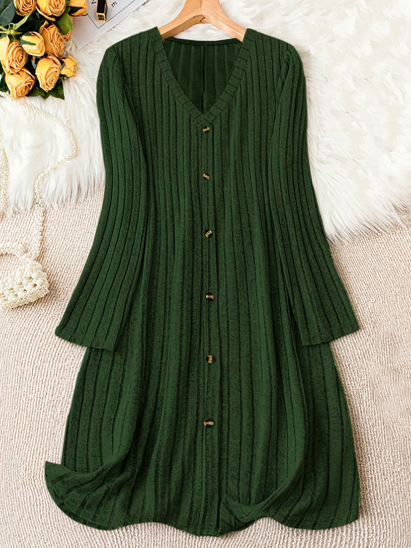 Plus Size Solid V Neck Ribbed Long Sleeve Dress, Casual Button Front For Fall & Winter, Women's Clothing