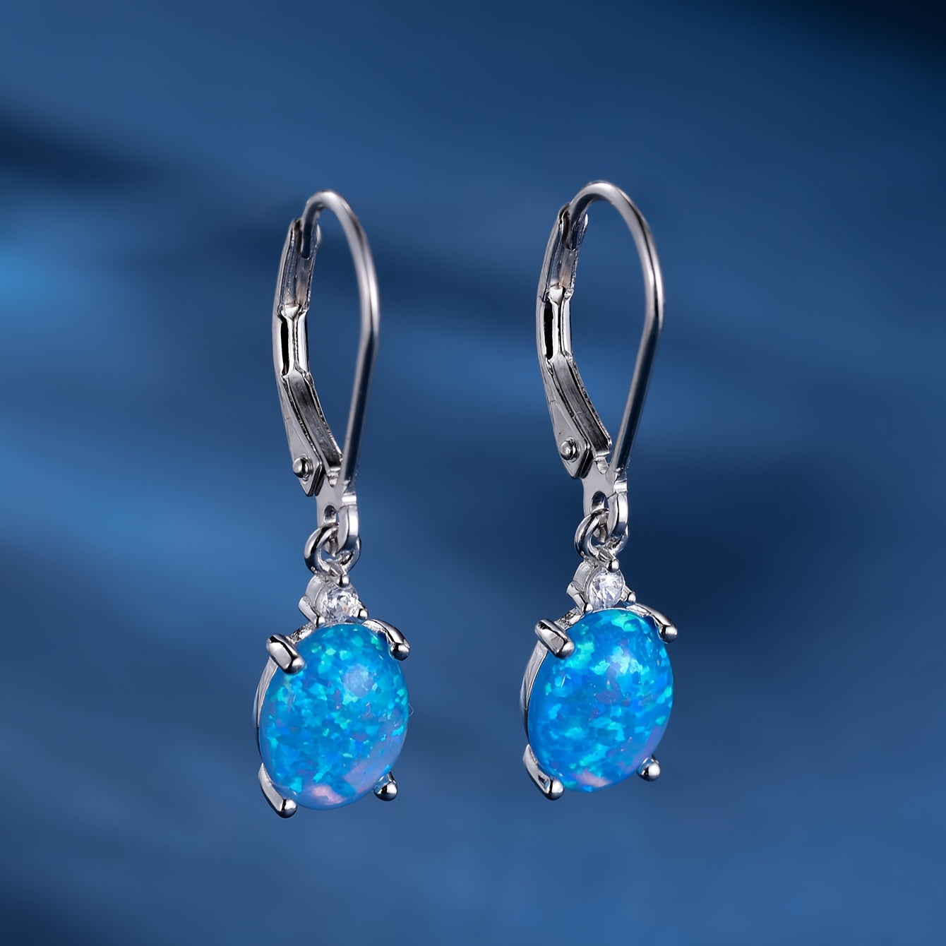 S925 Round-Cut Opal , Green Fire Opal Rhodium Gemstone Drop Earrings 2.2g