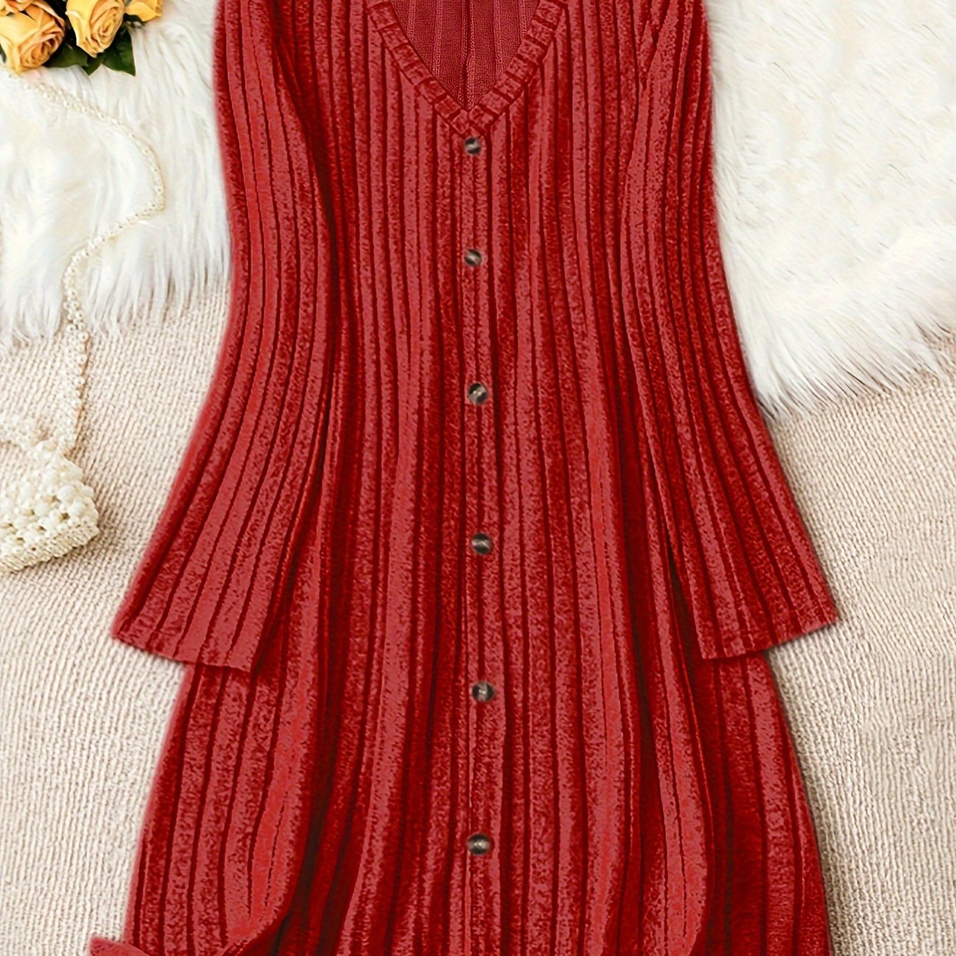 Plus Size Solid V Neck Ribbed Long Sleeve Dress, Casual Button Front For Fall & Winter, Women's Clothing