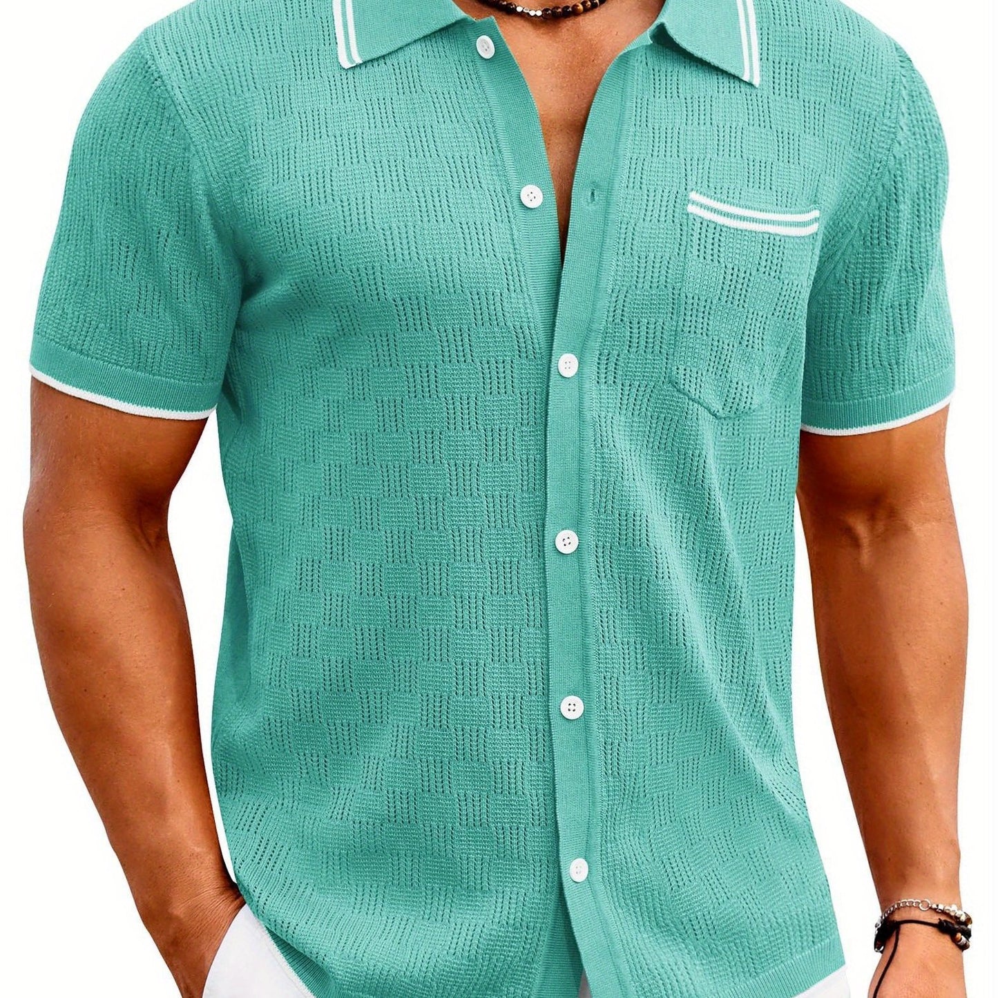 ELESOL Men'S Knit Button Shirt Vintage Polo Shirts Short Sleeve Summer Beach Shirts S-XXXL