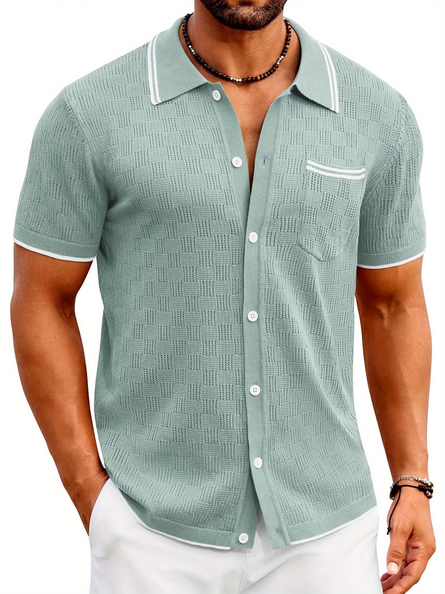 ELESOL Men'S Knit Button Shirt Vintage Polo Shirts Short Sleeve Summer Beach Shirts S-XXXL