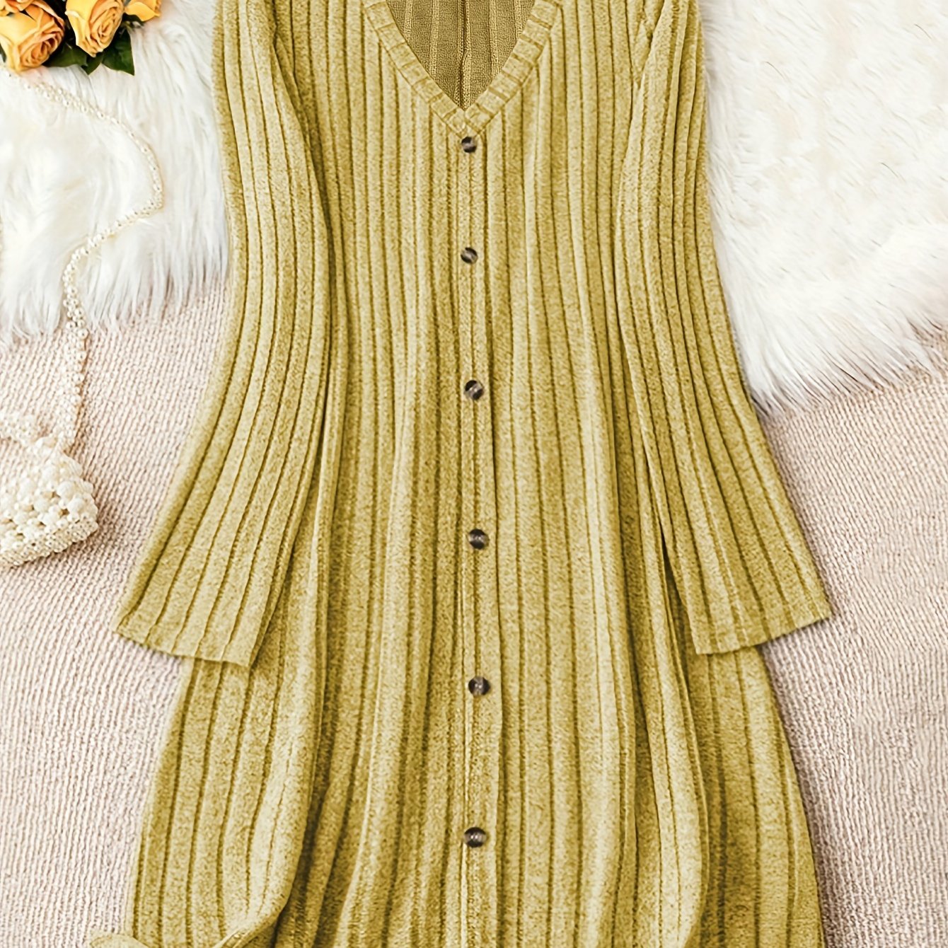 Plus Size Solid V Neck Ribbed Long Sleeve Dress, Casual Button Front For Fall & Winter, Women's Clothing
