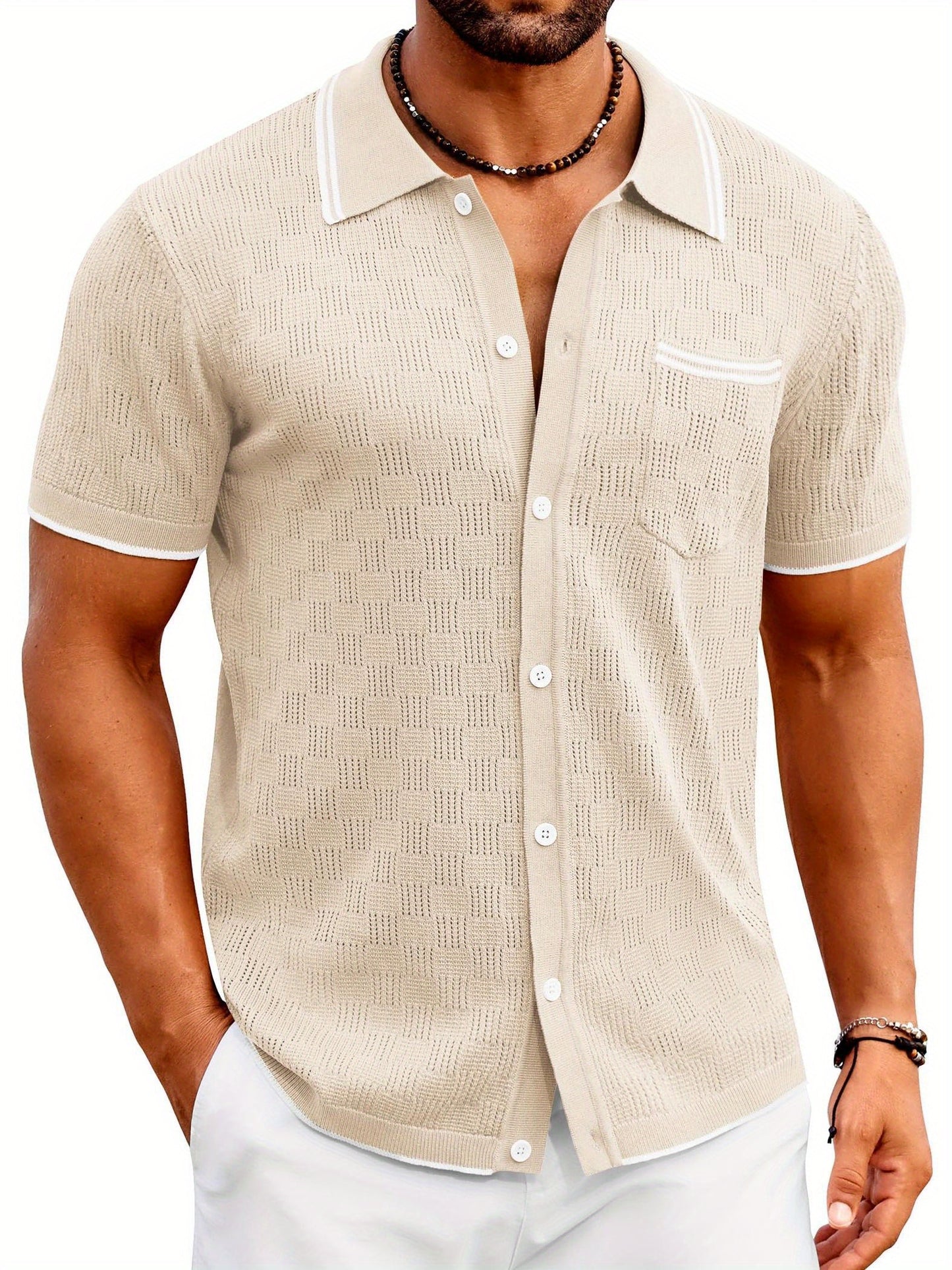 ELESOL Men'S Knit Button Shirt Vintage Polo Shirts Short Sleeve Summer Beach Shirts S-XXXL