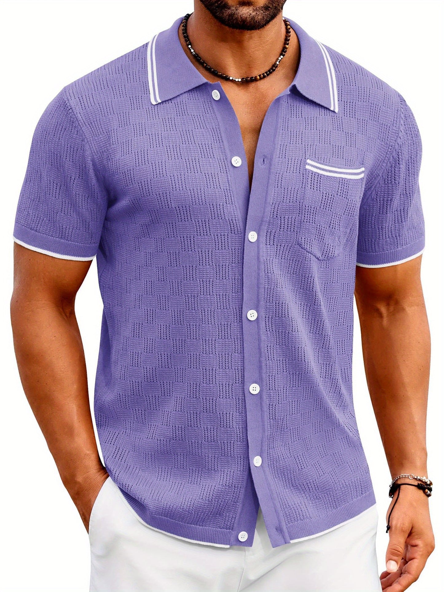 ELESOL Men'S Knit Button Shirt Vintage Polo Shirts Short Sleeve Summer Beach Shirts S-XXXL