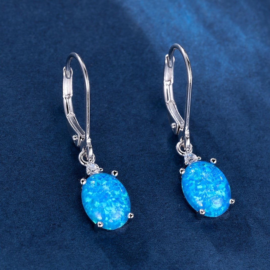 S925 Round-Cut Opal , Green Fire Opal Rhodium Gemstone Drop Earrings 2.2g