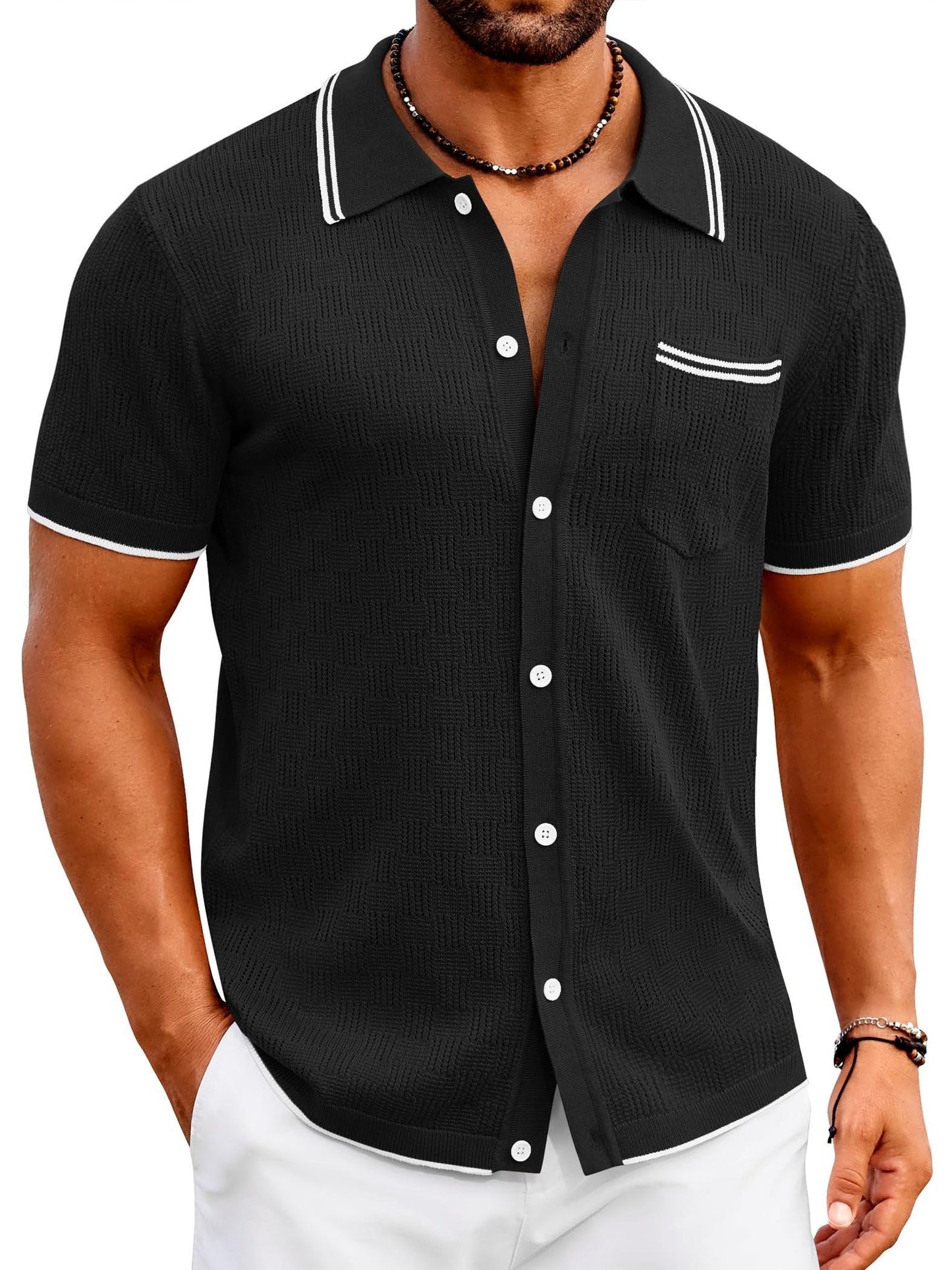 ELESOL Men'S Knit Button Shirt Vintage Polo Shirts Short Sleeve Summer Beach Shirts S-XXXL