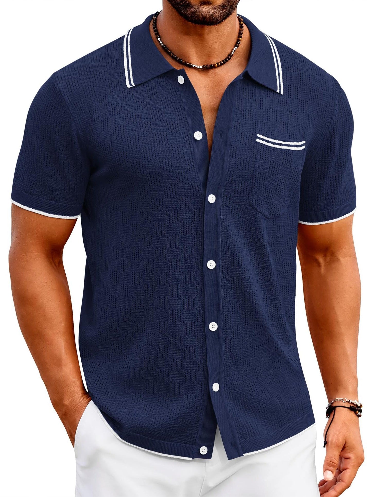 ELESOL Men'S Knit Button Shirt Vintage Polo Shirts Short Sleeve Summer Beach Shirts S-XXXL
