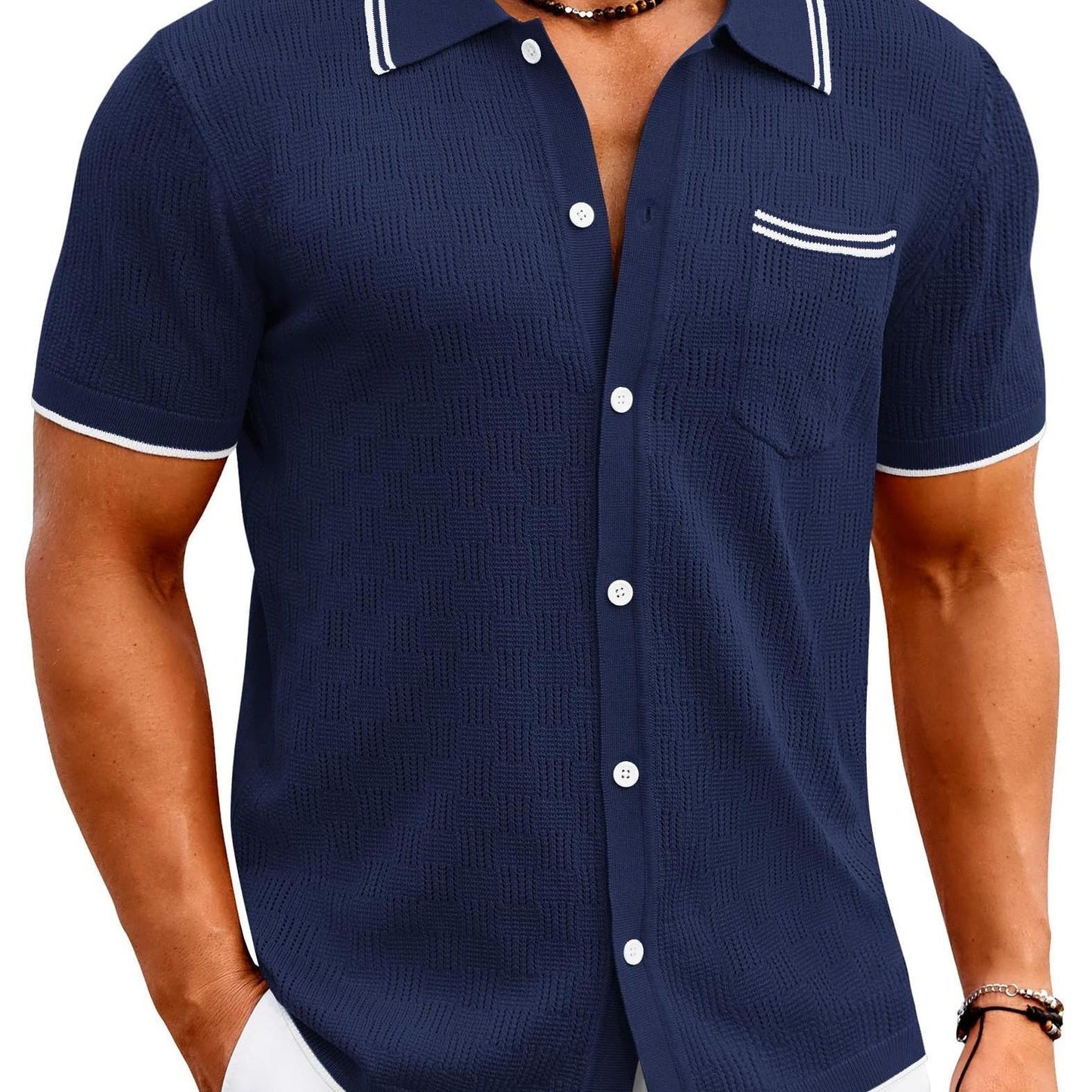 ELESOL Men'S Knit Button Shirt Vintage Polo Shirts Short Sleeve Summer Beach Shirts S-XXXL
