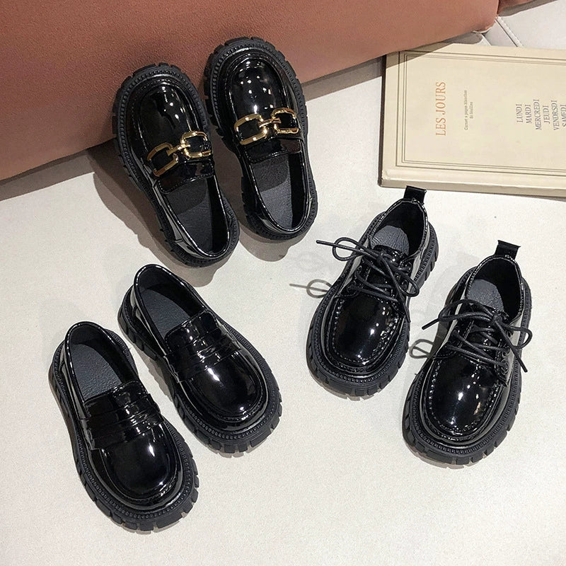 Kids Leather Shoes 2024 New Arrival Boys Performance Shoes Princess Shoes for Girls Spring & Fall Children British Style Black Platform Shoes