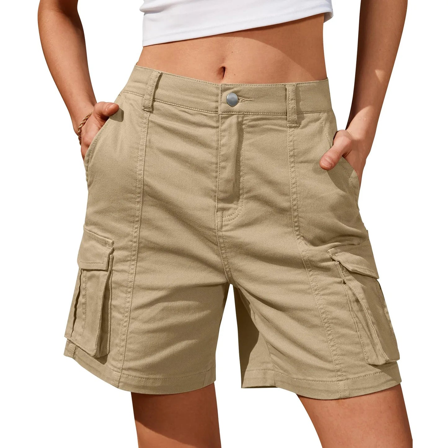 Women Vintage Elastic Low Waist Cargo Shorts