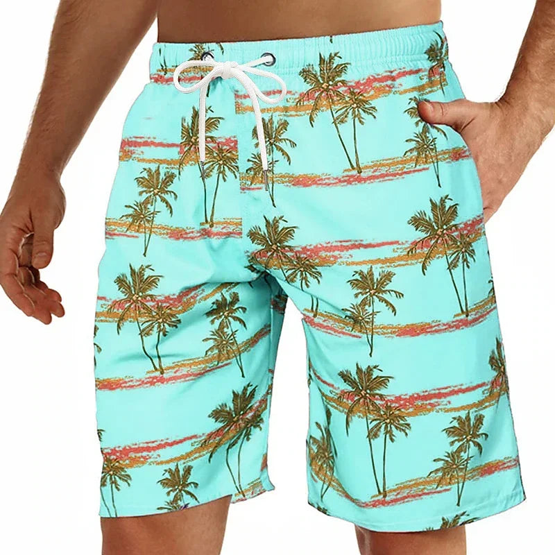 Summer Oversized Casual Men's Drawstring Shorts Quick Dry Hawaii Trunks Coconut Tree