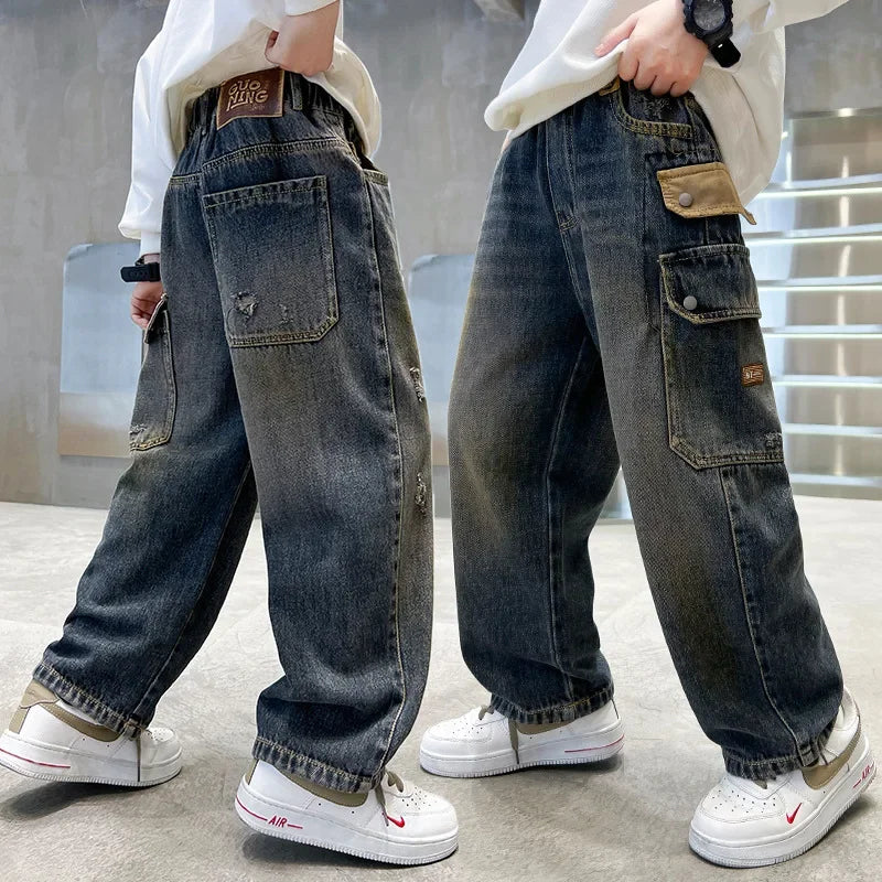 Boys' Jeans Version of Boys Wide Leg Pants Side Pockets Denim Cargo Pants