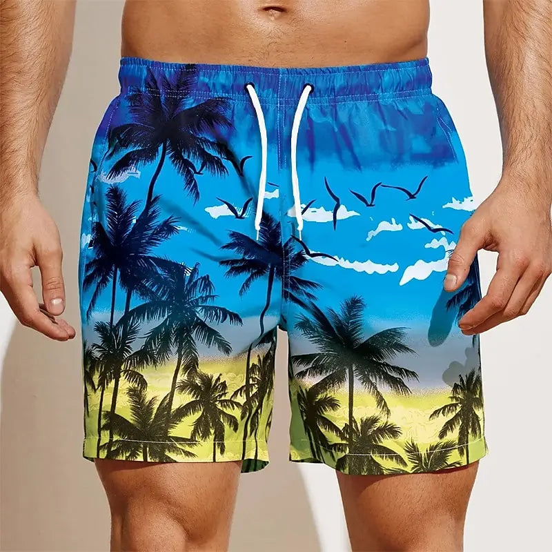 Summer Oversized Casual Men's Drawstring Shorts Quick Dry Hawaii Trunks Coconut Tree