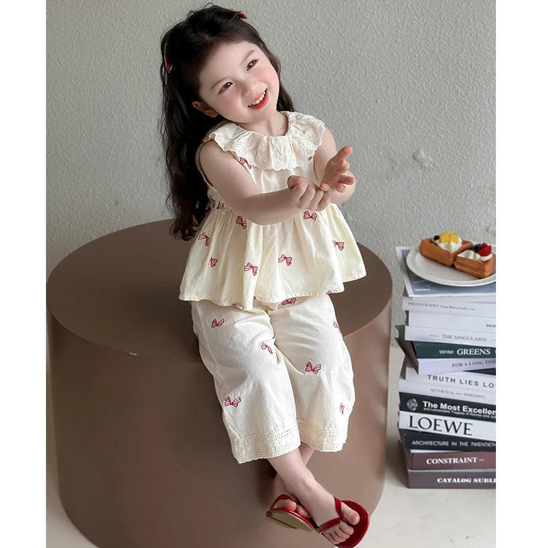Summer Girls Clothing Set Solid Color Full Print Bow Sleeveless T-shirt+Pants 2Pcs Sweet Suit For 2-8 Years Casual Outfi