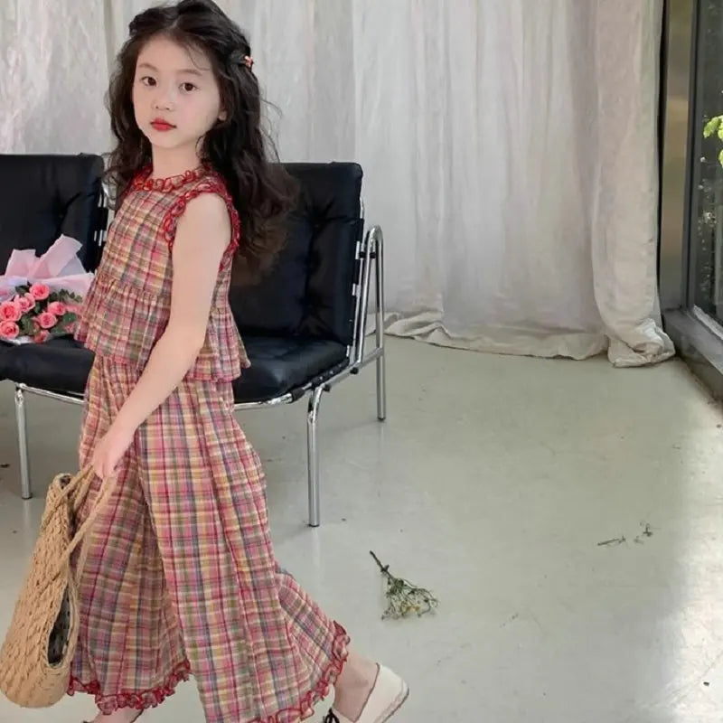 Girls' Set Plaid Lace Top Wide and leg