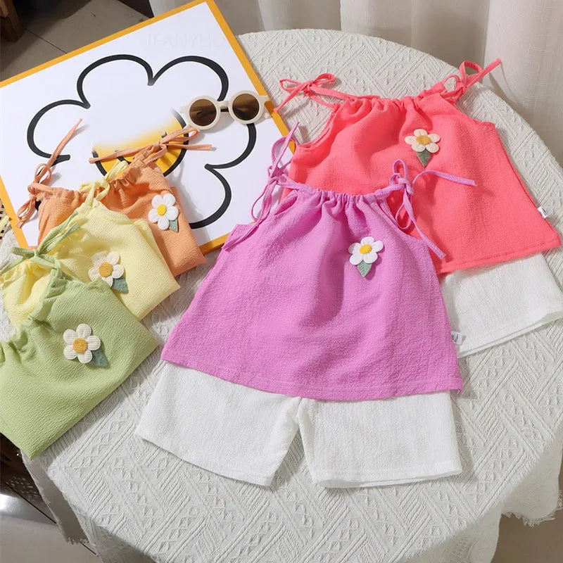 Girl Set Summer New Korean Fashionable Floral Vest Shorts