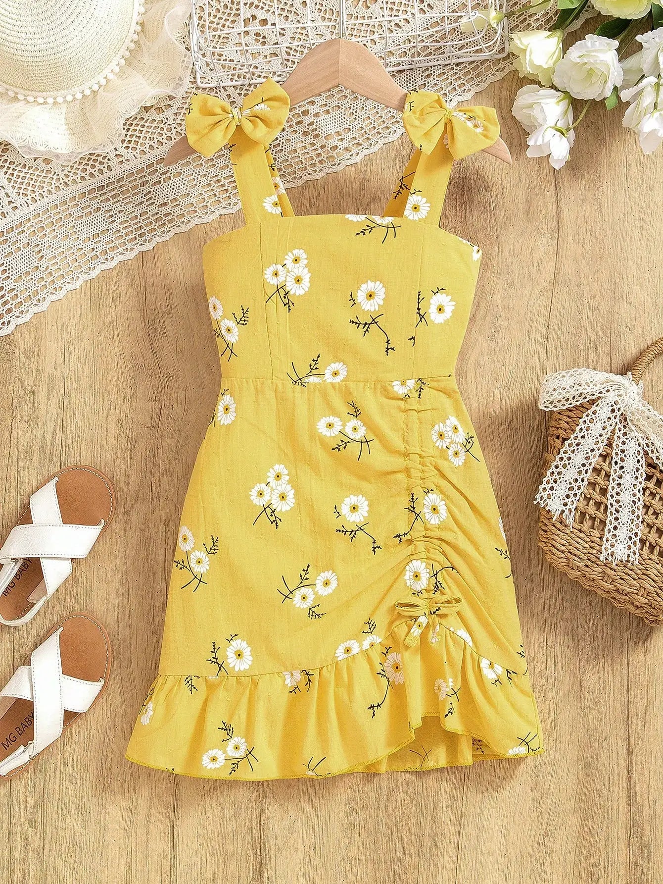 Girl's Red & White Gingham Strap Dress )