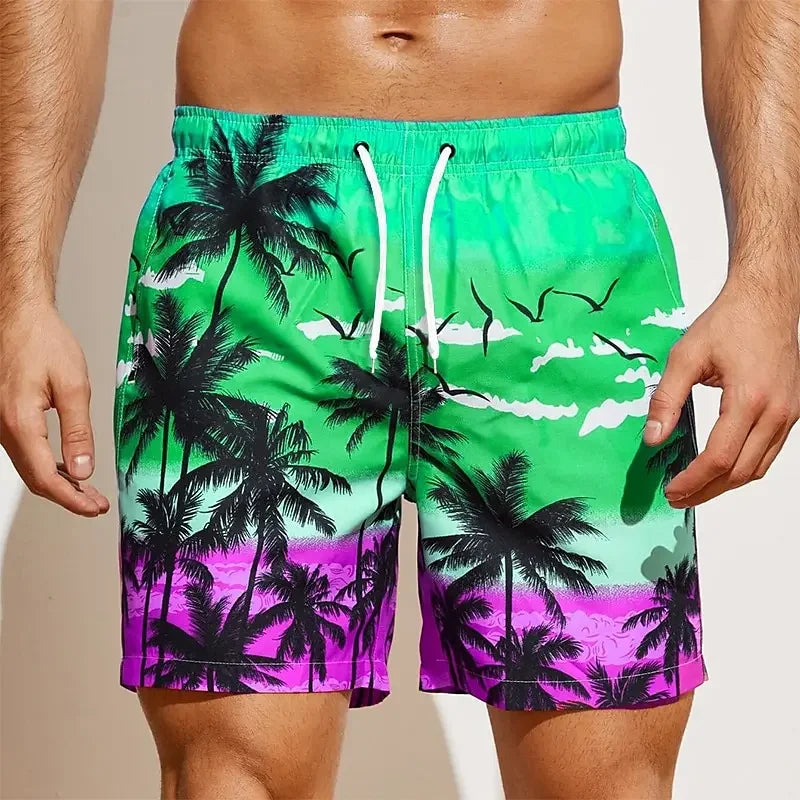 Summer Oversized Casual Men's Drawstring Shorts Quick Dry Hawaii Trunks Coconut Tree