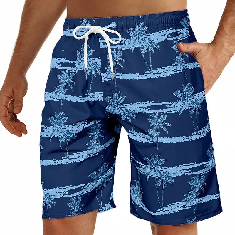 Summer Oversized Casual Men's Drawstring Shorts Quick Dry Hawaii Trunks Coconut Tree