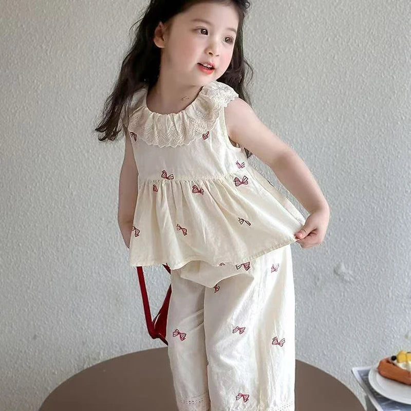 Summer Girls Clothing Set Solid Color Full Print Bow Sleeveless T-shirt+Pants 2Pcs Sweet Suit For 2-8 Years Casual Outfi