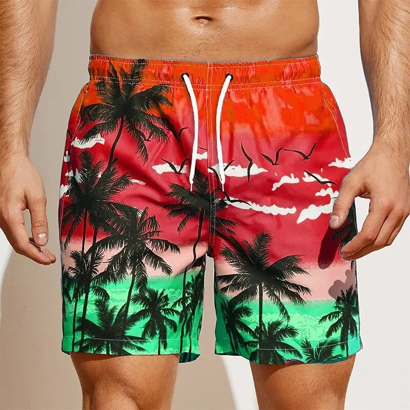 Summer Oversized Casual Men's Drawstring Shorts Quick Dry Hawaii Trunks Coconut Tree