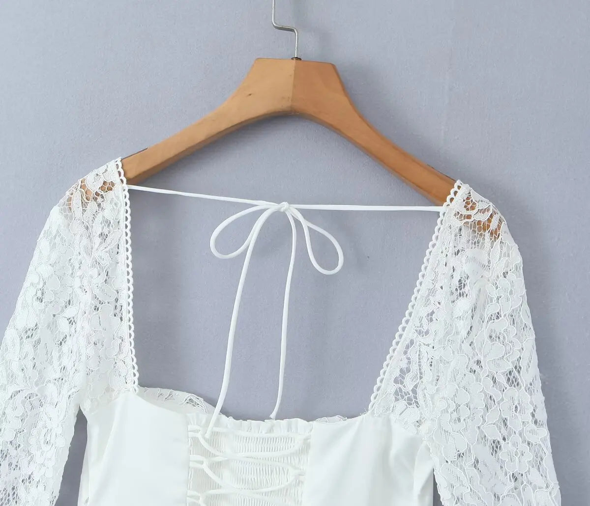 Sexy White Spliced Lace Wire Chest Corset Style Mini Dress Women Full Sleeve Cross