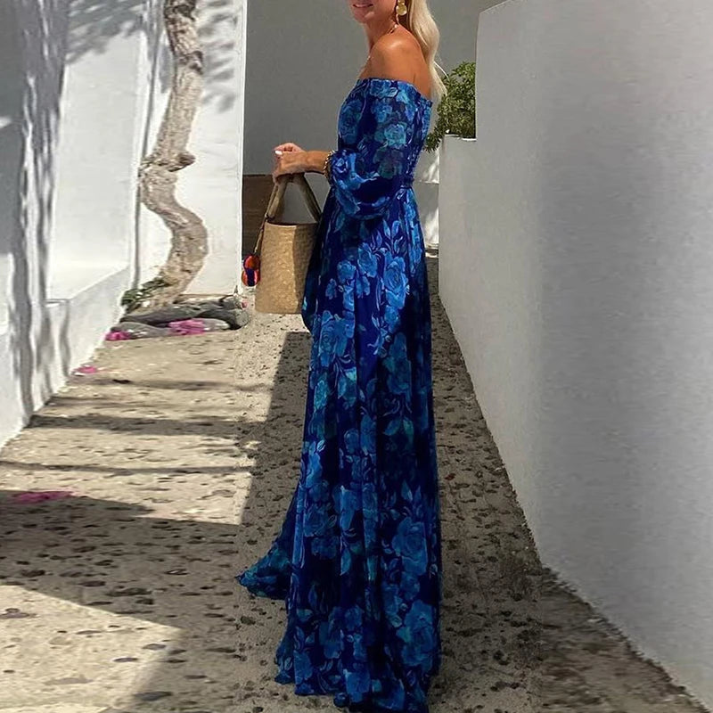 Vintage Pattern Print Bohe Long Dress Women Sexy Off Shoulder Long Sleeve Party Dress Fashion Waist Pleat Loose Hem Beach Dress