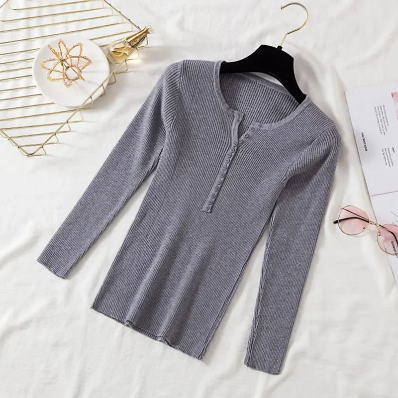 Autumn Winter Button V Neck Sweater Women Basic Slim Pullover Women